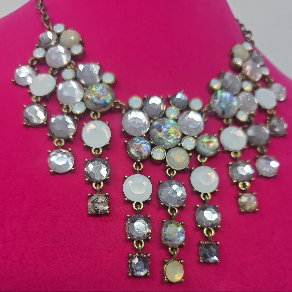 Chunky Statement Bib Necklace Antique Brass Iridescent Abalone Grey Rhinestones